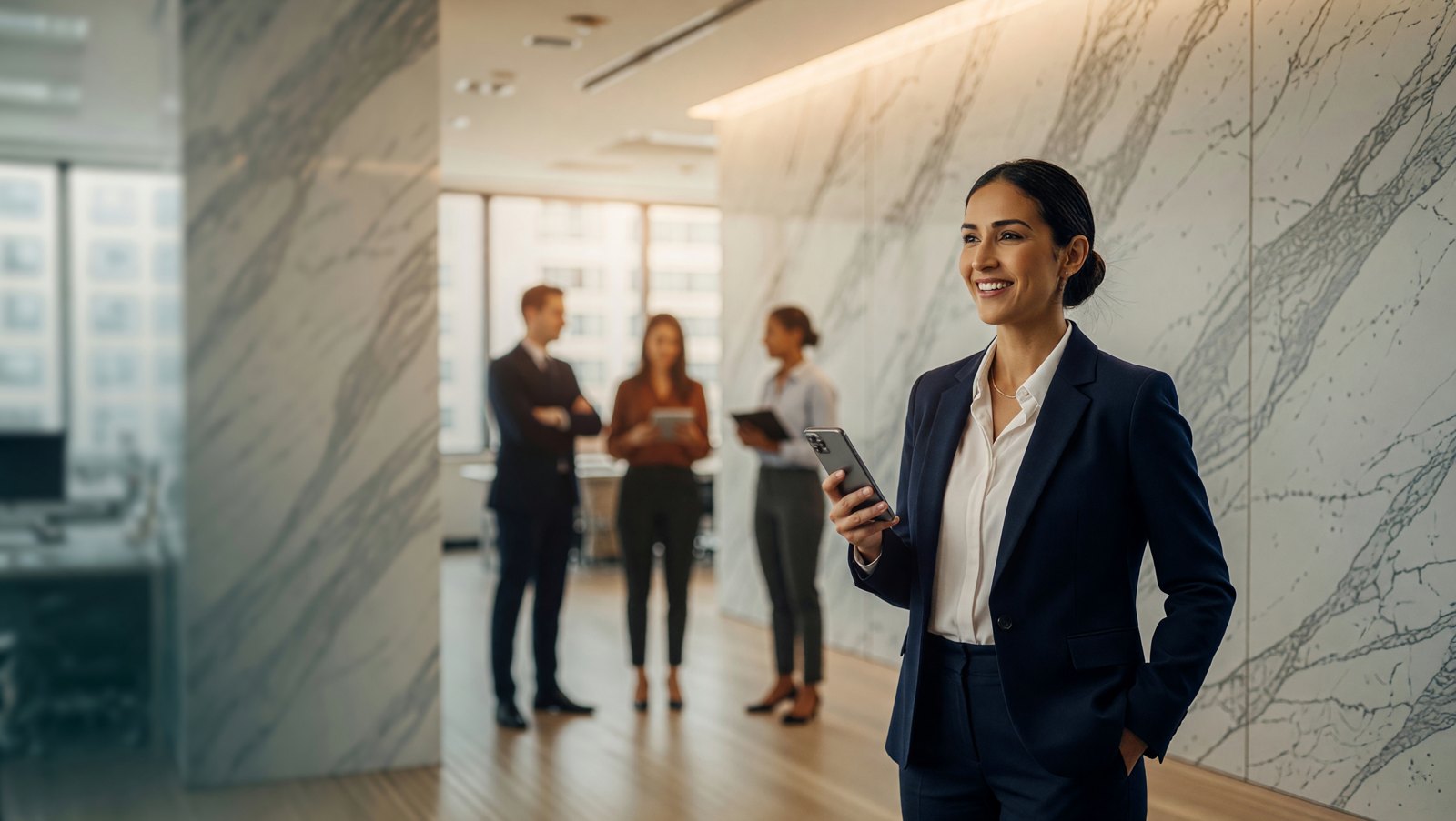 An approachable RegLeg professional welcoming an inquiry in a modern office, teammates and teal connection lines behind, navy and teal grade.